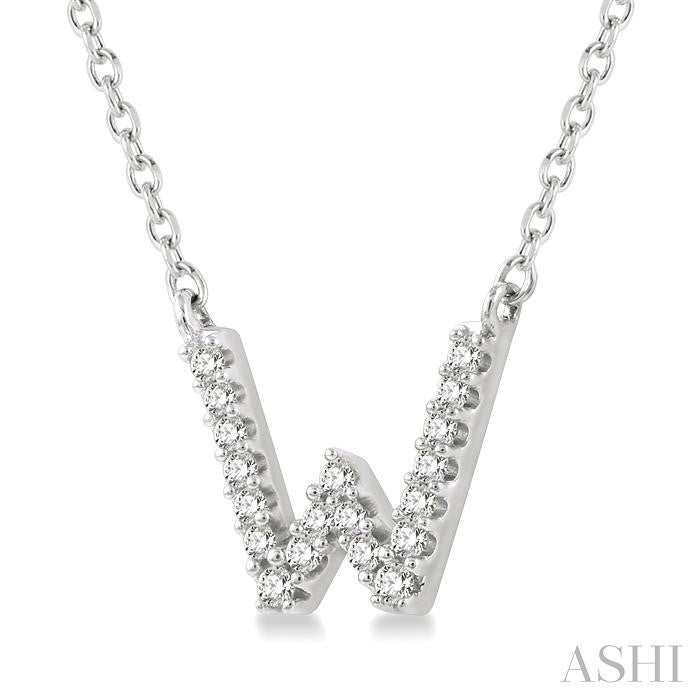 1/20 Ctw Initial 'W' Round Cut Diamond Pendant With Chain in 10K White Gold