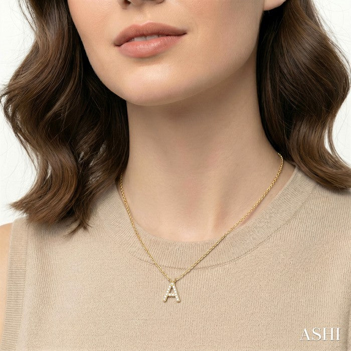 1/20 Ctw Initial 'A' Round Cut Diamond Pendant With Chain in 10K Yellow Gold