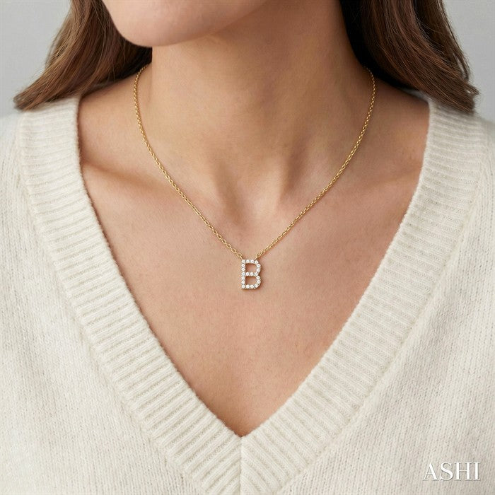 1/20 Ctw Initial 'B' Round Cut Diamond Pendant With Chain in 10K Yellow Gold