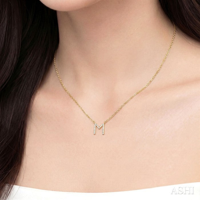 1/20 Ctw Initial 'M' Round Cut Diamond Pendant With Chain in 10K Yellow Gold