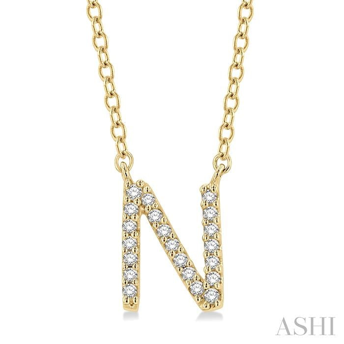 1/20 Ctw Initial 'N' Round Cut Diamond Pendant With Chain in 10K Yellow Gold