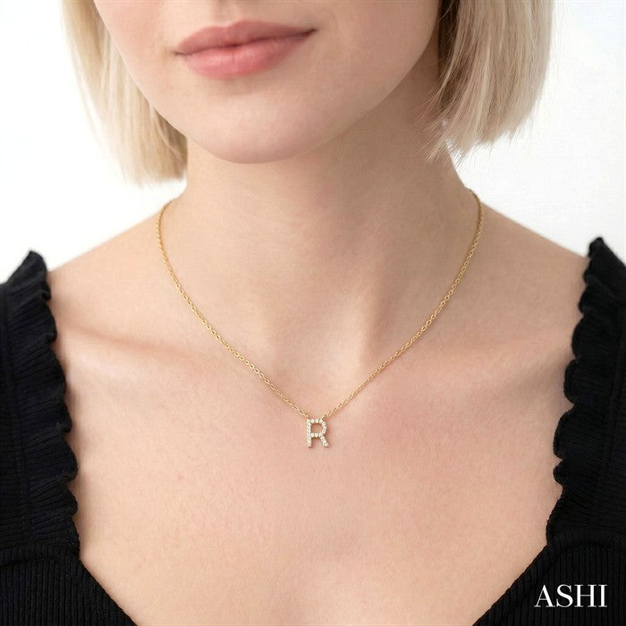 1/20 Ctw Initial 'R' Round Cut Diamond Pendant With Chain in 10K Yellow Gold