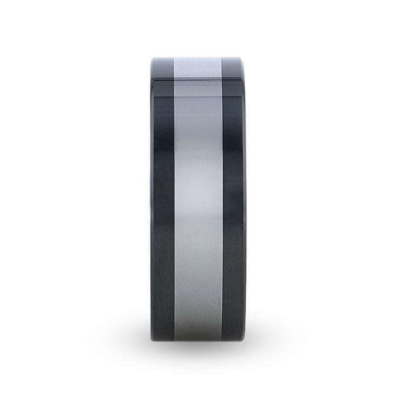 HUSKEY Ceramic Band with Tungsten Inlay and Flat Polished Edges - 8mm