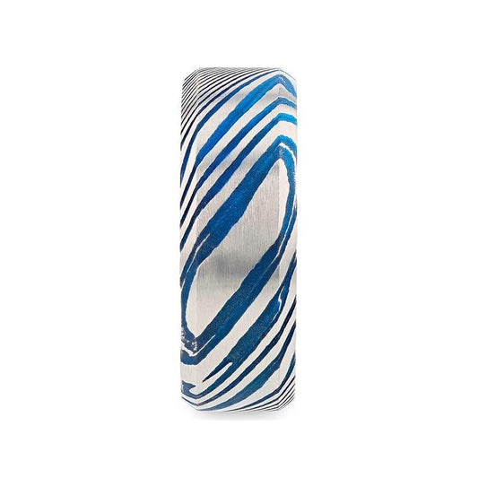 BISMAN Blue Beveled Brushed Damascus Steel Men’s Wedding Band with A Vivid Etched Design - 6mm & 8mm