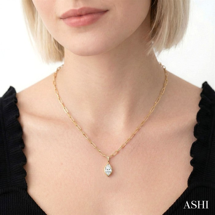 1/5 Ctw Marquise Cut Bezel Set Diamond Fashion Pendant With Paperclip Chain in 14K Yellow Gold