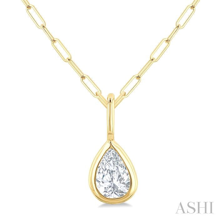 1/5 Ctw Pear Cut Bezel Set Diamond Fashion Pendant With Paperclip Chain in 14K yellow Gold