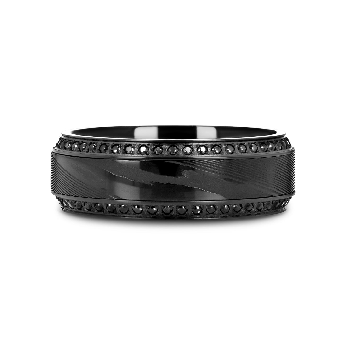 TROPHY Black Damascus Steel Inlaid Polished Black Titanium Men's Wedding Band With Black Sapphire Beveled Edges - 8mm