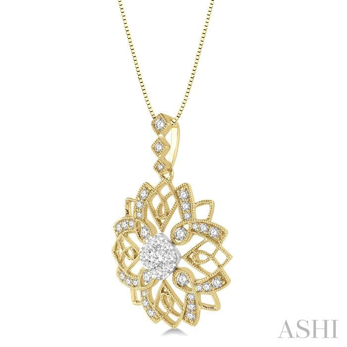 5/8 Ctw Floral Lattice Two Tone Cushion Shape Center Lovebright Round Cut Diamond Pendant With Chain in 14K Yellow and W