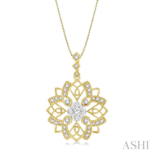5/8 Ctw Floral Lattice Two Tone Cushion Shape Center Lovebright Round Cut Diamond Pendant With Chain in 14K Yellow and W
