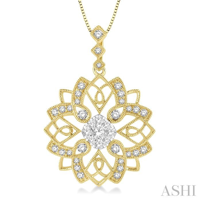 5/8 Ctw Floral Lattice Two Tone Cushion Shape Center Lovebright Round Cut Diamond Pendant With Chain in 14K Yellow and W