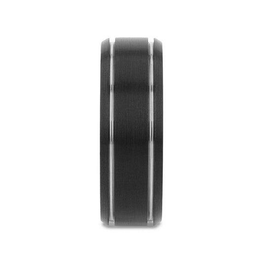 NOCTURNE Black Beveled Tungsten Carbide Band with Polished Grooves and Brushed Finish - 6mm or 8mm