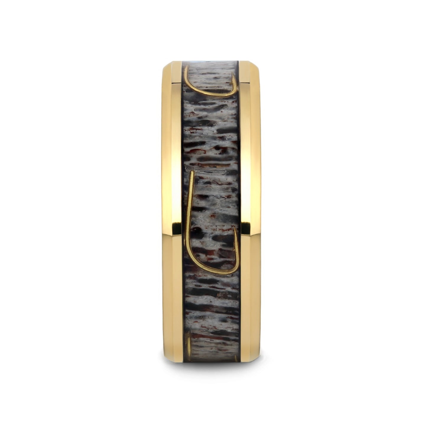 JAEGER Gold-Plated Polished Tungsten with Deer Antler and Fishhook Inlay - 8mm