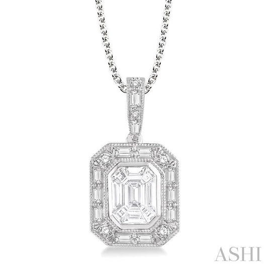 7/8 Ctw Emerald, Baguette & Round Cut Fusion Diamond Pendant With Chain in 14K White Gold