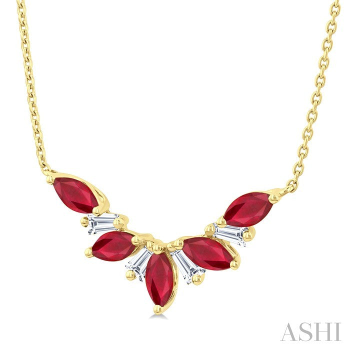 5X2.5 MM Marquise Cut Ruby and 1/6 Ctw Baguette Cut Diamond Precious Gemstone Necklace in 14K Yellow Gold