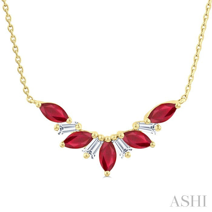 5X2.5 MM Marquise Cut Ruby and 1/6 Ctw Baguette Cut Diamond Precious Gemstone Necklace in 14K Yellow Gold