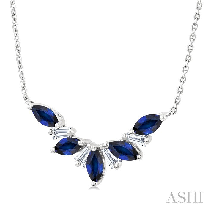 5X2.5 MM Marquise Cut Sapphire and 1/6 Ctw Baguette Cut Diamond Precious Gemstone Necklace in 14K White Gold