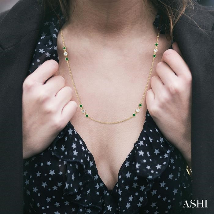 2.25 MM Emerald and 1/2 Ctw Round Cut Diamond Precious Station Necklace in 14K Yellow Gold