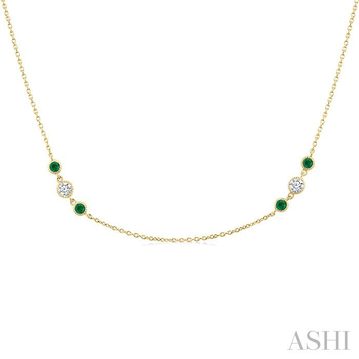 2.25 MM Emerald and 1/2 Ctw Round Cut Diamond Precious Station Necklace in 14K Yellow Gold