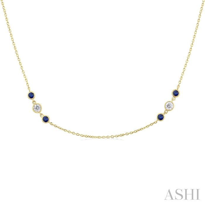 2.25 MM Sapphire and 1/2 Ctw Round Cut Diamond Precious Station Necklace in 14K Yellow Gold