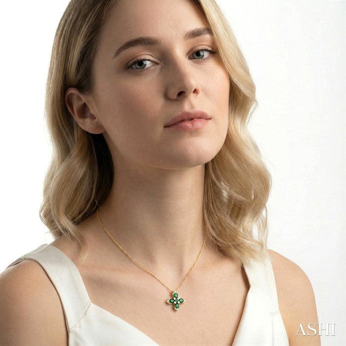 4X3 MM Pear and 2 MM Round Emerald and 1/6 Ctw Round Cut Diamond Floral Blossom Precious Pendant With Chain in 14K Yello