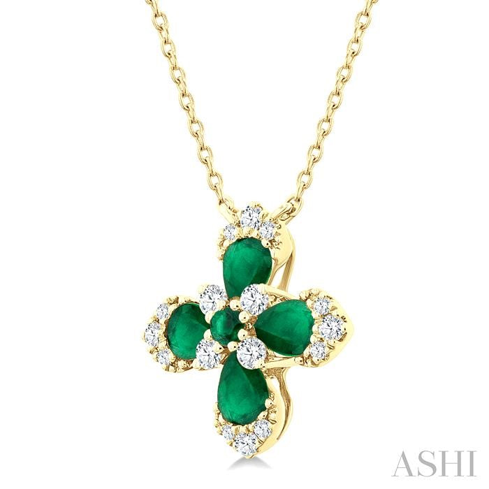 4X3 MM Pear and 2 MM Round Emerald and 1/6 Ctw Round Cut Diamond Floral Blossom Precious Pendant With Chain in 14K Yello