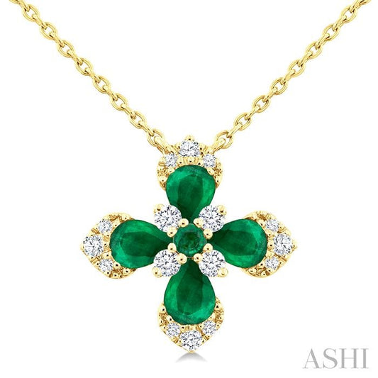 4X3 MM Pear and 2 MM Round Emerald and 1/6 Ctw Round Cut Diamond Floral Blossom Precious Pendant With Chain in 14K Yello