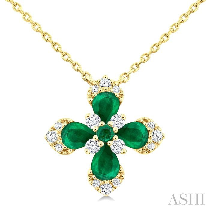 4X3 MM Pear and 2 MM Round Emerald and 1/6 Ctw Round Cut Diamond Floral Blossom Precious Pendant With Chain in 14K Yello