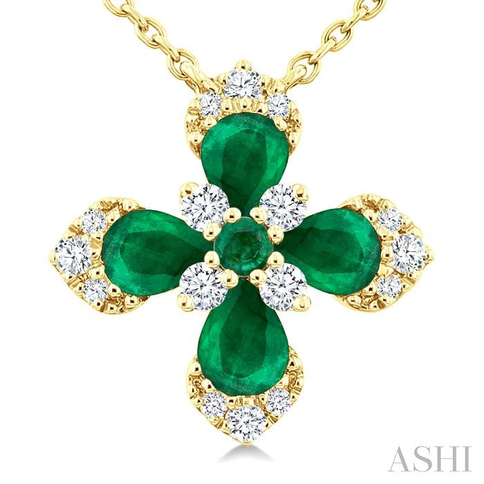 4X3 MM Pear and 2 MM Round Emerald and 1/6 Ctw Round Cut Diamond Floral Blossom Precious Pendant With Chain in 14K Yello