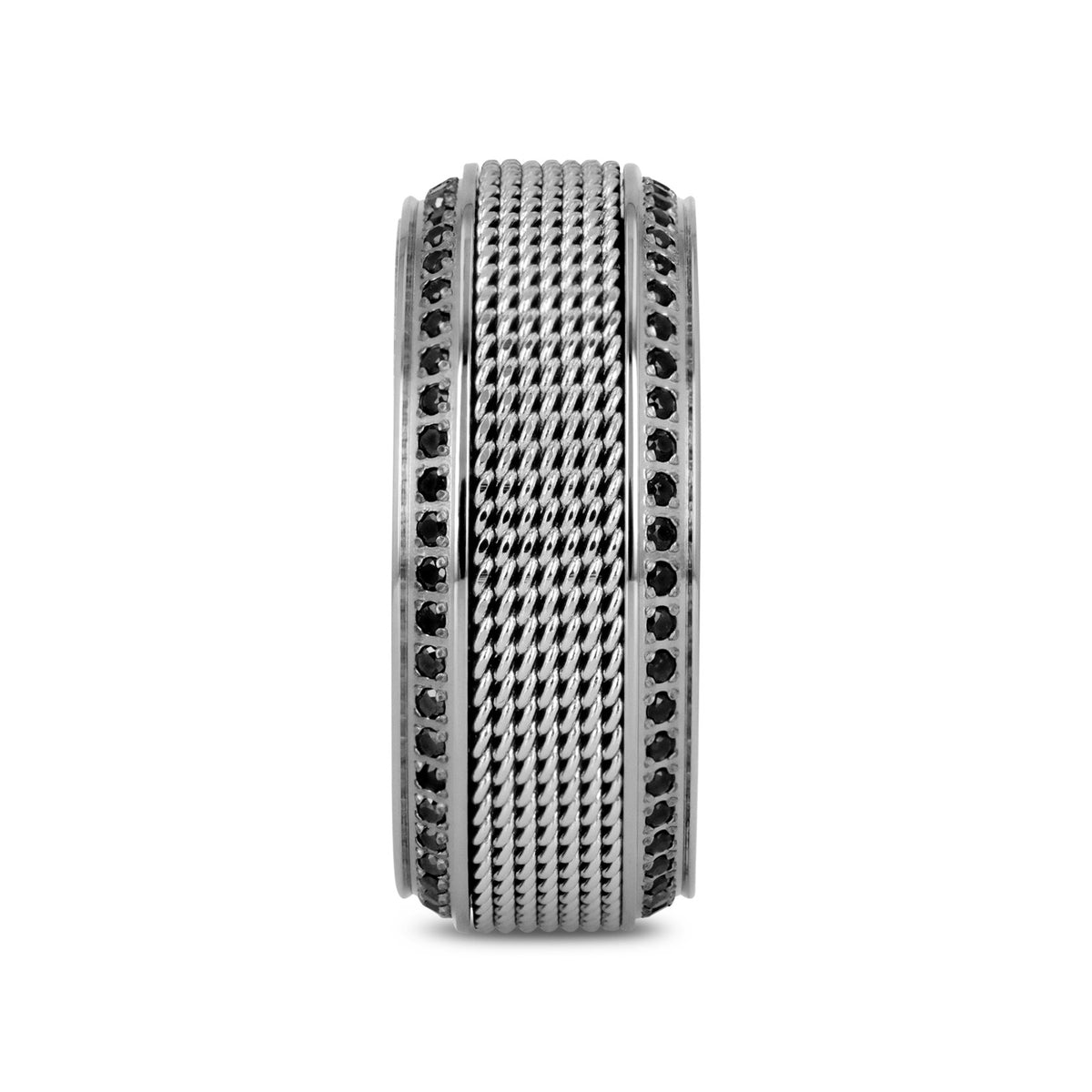 GAUNTLET Steel Chain Titanium Wedding Ring Polished Beveled Edges Set with Round Black Diamonds - 10mm