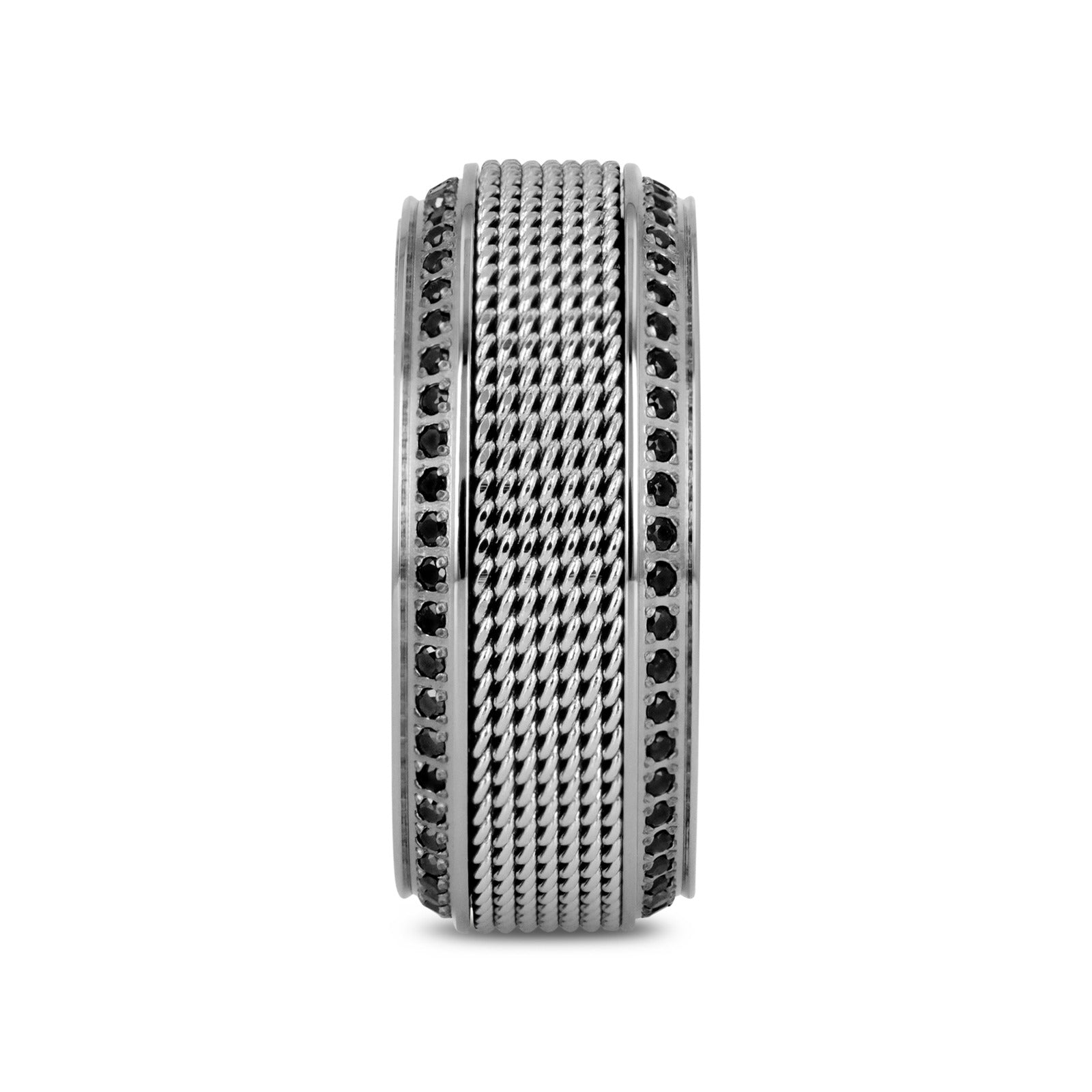 GAUNTLET Steel Chain Titanium Wedding Ring Polished Beveled Edges Set with Round Black Diamonds - 10mm