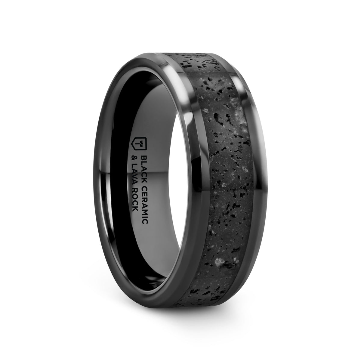 VESUVIUS Men’s Polished Black Ceramic Wedding Band with Black & Gray Lava Rock Stone Inlay & Polished Beveled Edges - 6m