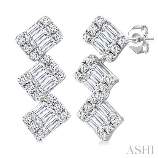 1/3 Ctw Zig-Zag Fusion Baguette and Round Cut Diamond Fashion Earrings in 10K White Gold