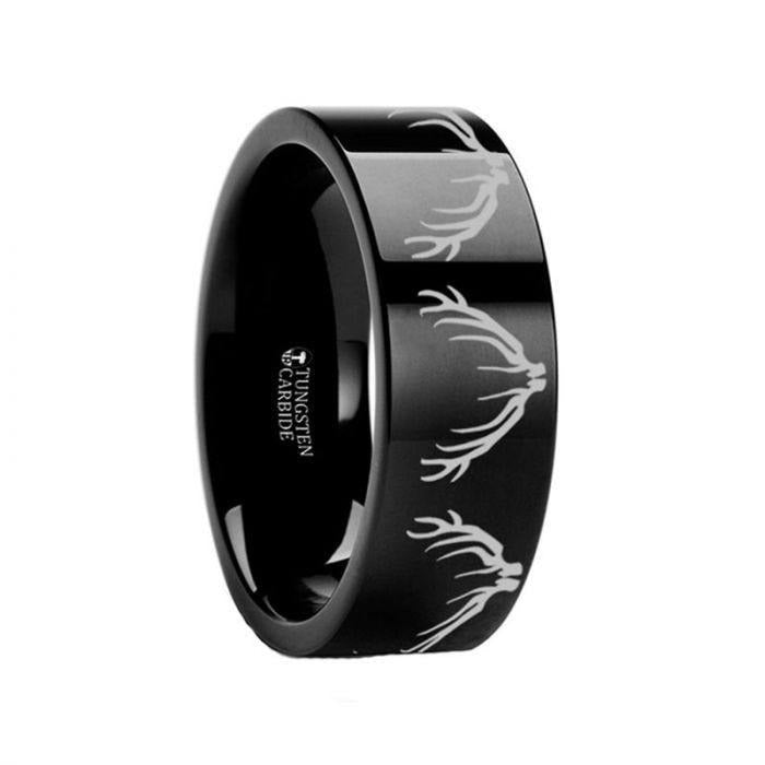 Deer Elk Antler Engraved Flat Black Tungsten Ring Polished- 4mm - 12mm - 6mm