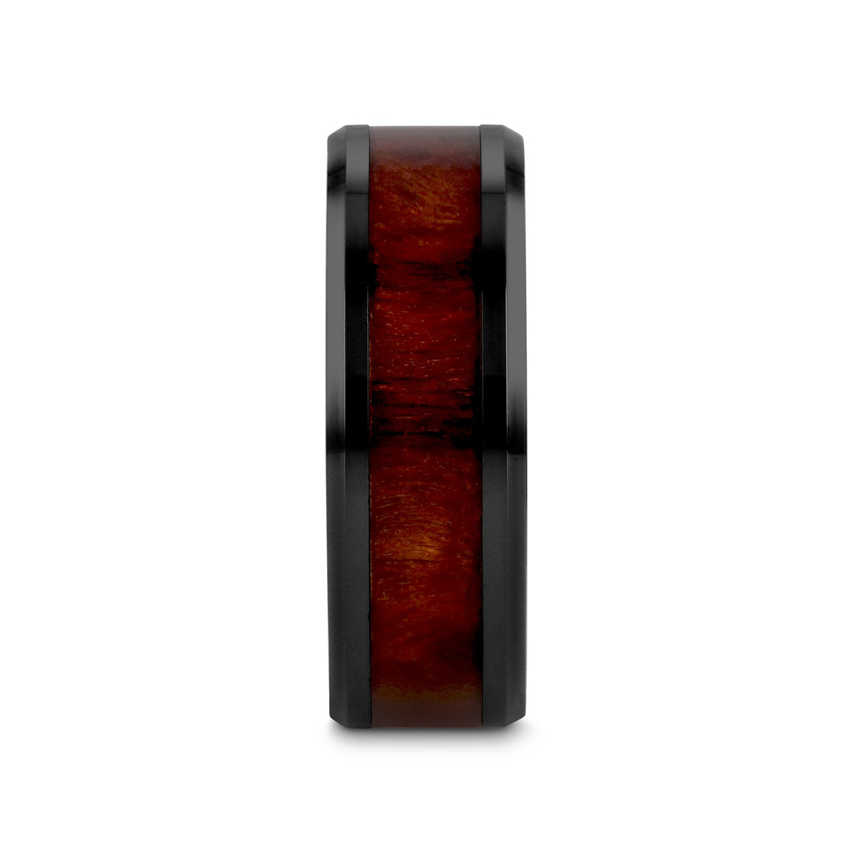 CERISE Redwood Inlaid Black Ceramic Ring with Beveled Edges - 8mm