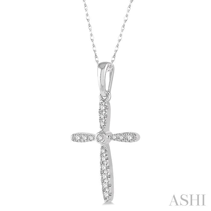 1/10 Ctw Cross Charm Round Cut Diamond Petite Pendant With Chain in 10K White Gold