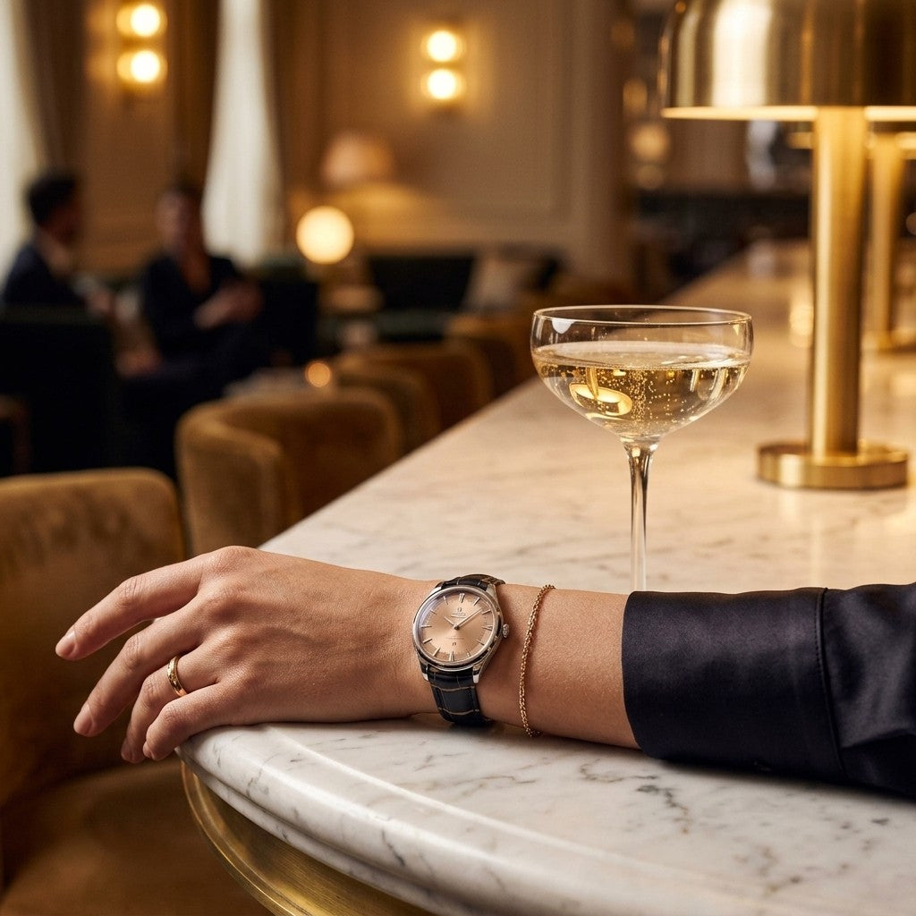 Omega Constellation Observatory 39.4 mm — Platinum-gold on Alligator — lifestyle