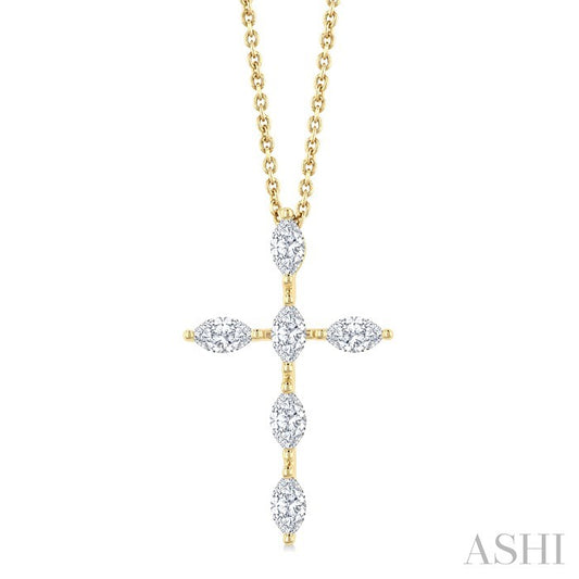 3/4 Ctw Cross 6-Stone Marquise Cut Diamond Fashion Pendant With Chain in 14K Yellow Gold