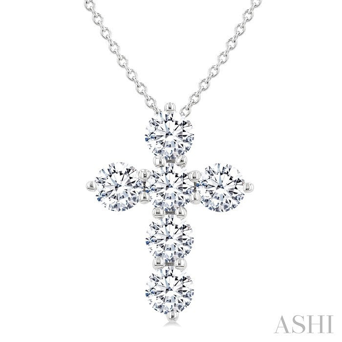 1 1/2 Ctw Round Cut Diamond Christian Cross 6-Stone Fashion Pendant With Chain in 14K White Gold