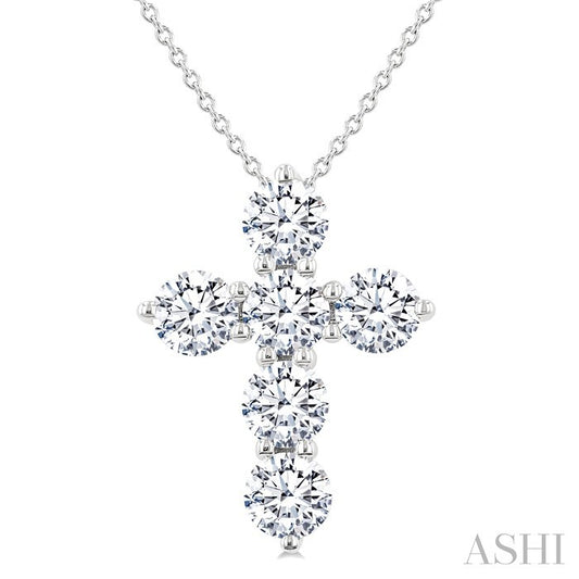2 Ctw Round Cut Diamond Christian Cross 6-Stone Fashion Pendant With Chain in 14K White Gold