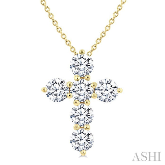 1 1/2 Ctw Round Cut Diamond Christian Cross 6-Stone Fashion Pendant With Chain in 14K Yellow Gold
