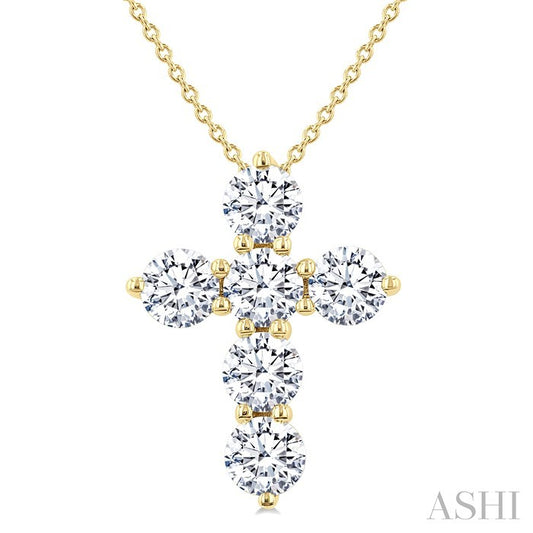 2 Ctw Round Cut Diamond Christian Cross 6-Stone Fashion Pendant With Chain in 14K Yellow Gold