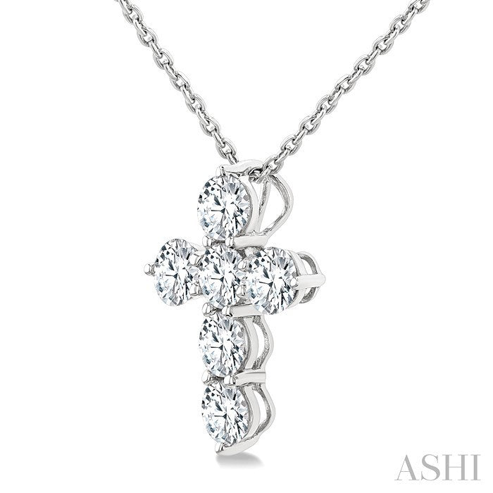 1 Ctw Round Cut Diamond Christian Cross 6-Stone Fashion Pendant With Chain in 14K White Gold