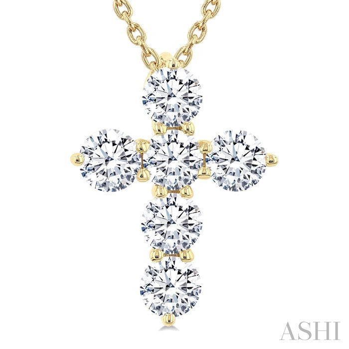 1 Ctw Round Cut Diamond Christian Cross 6-Stone Fashion Pendant With Chain in 14K Yellow Gold