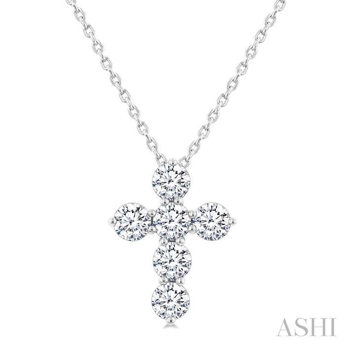 3/4 Ctw Round Cut Diamond Christian Cross 6-Stone Fashion Pendant With Chain in 14K White Gold