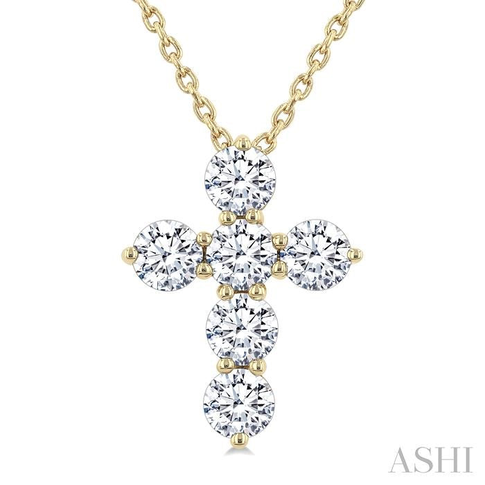 3/4 Ctw Round Cut Diamond Christian Cross 6-Stone Fashion Pendant With Chain in 14K Yellow Gold