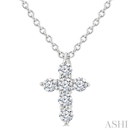 1/6 Ctw Round Cut Diamond Christian Cross 6-Stone Fashion Pendant With Chain in 14K White Gold