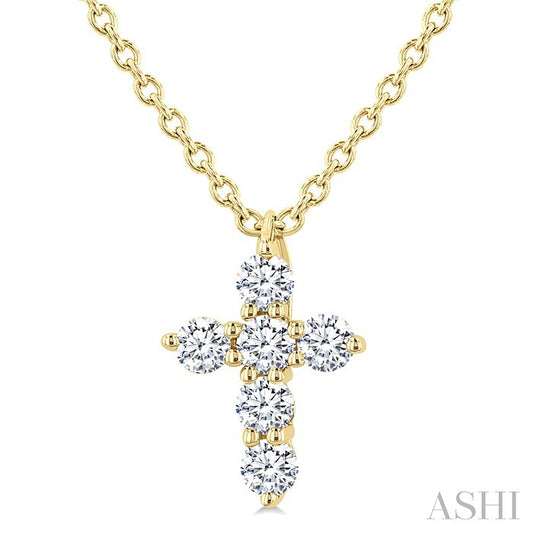 1/6 Ctw Round Cut Diamond Christian Cross 6-Stone Fashion Pendant With Chain in 14K Yellow Gold