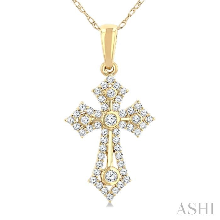1/4 Ctw Round Cut Diamond Cross Motif Fashion Pendant With Chain in 10K Yellow Gold