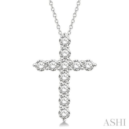 1 1/2 Ctw Round Cut Diamond Cross Pendant in 14K White Gold with Chain