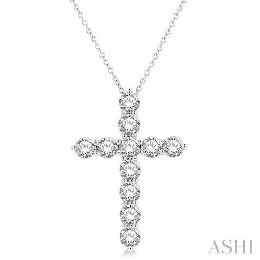 3 Ctw Round Cut Diamond Cross Pendant in 14K White Gold with Chain